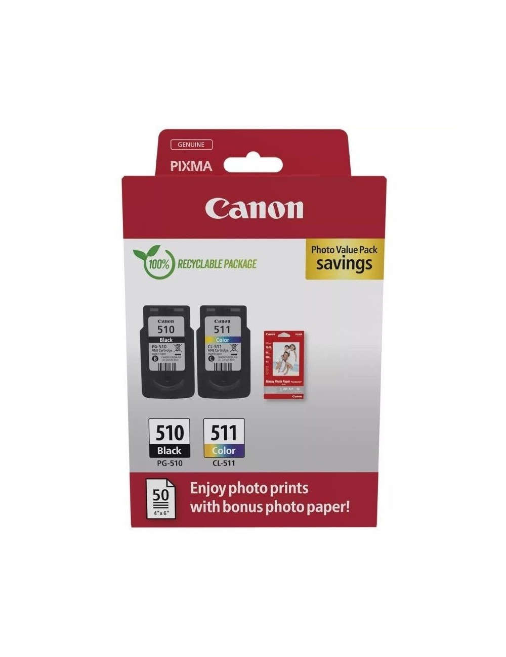 Cartucho de Tinta Original Canon PG-510 + CL-511 Multipack/ Negro/ Tricolor + Papel Fotográfico