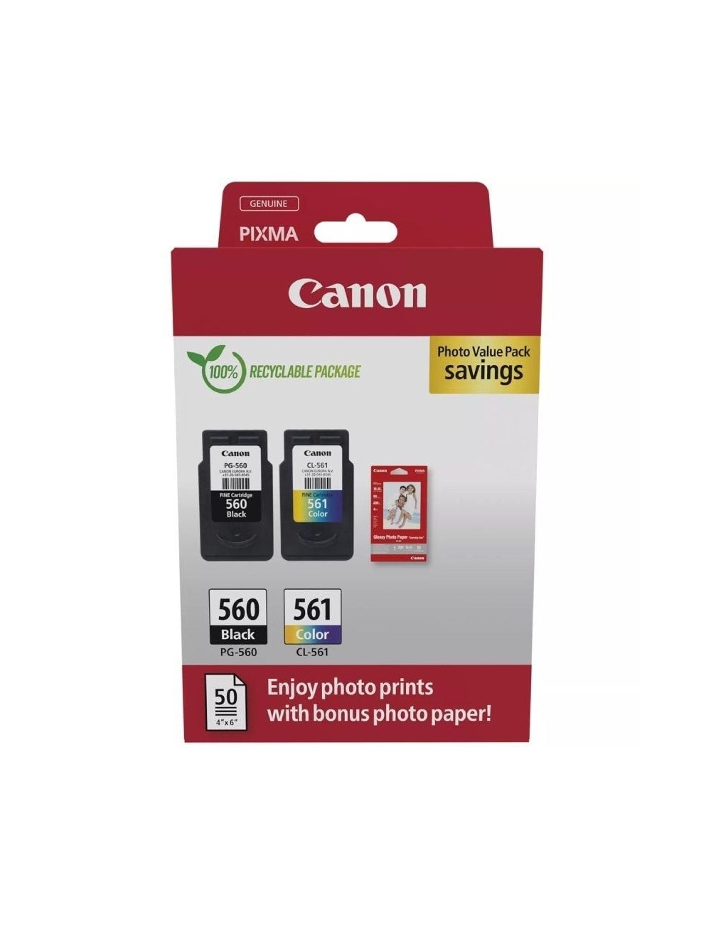 Cartucho de Tinta Original Canon PG-560 + CL-561 Multipack/ Negro/ Tricolor + Papel Fotográfico
