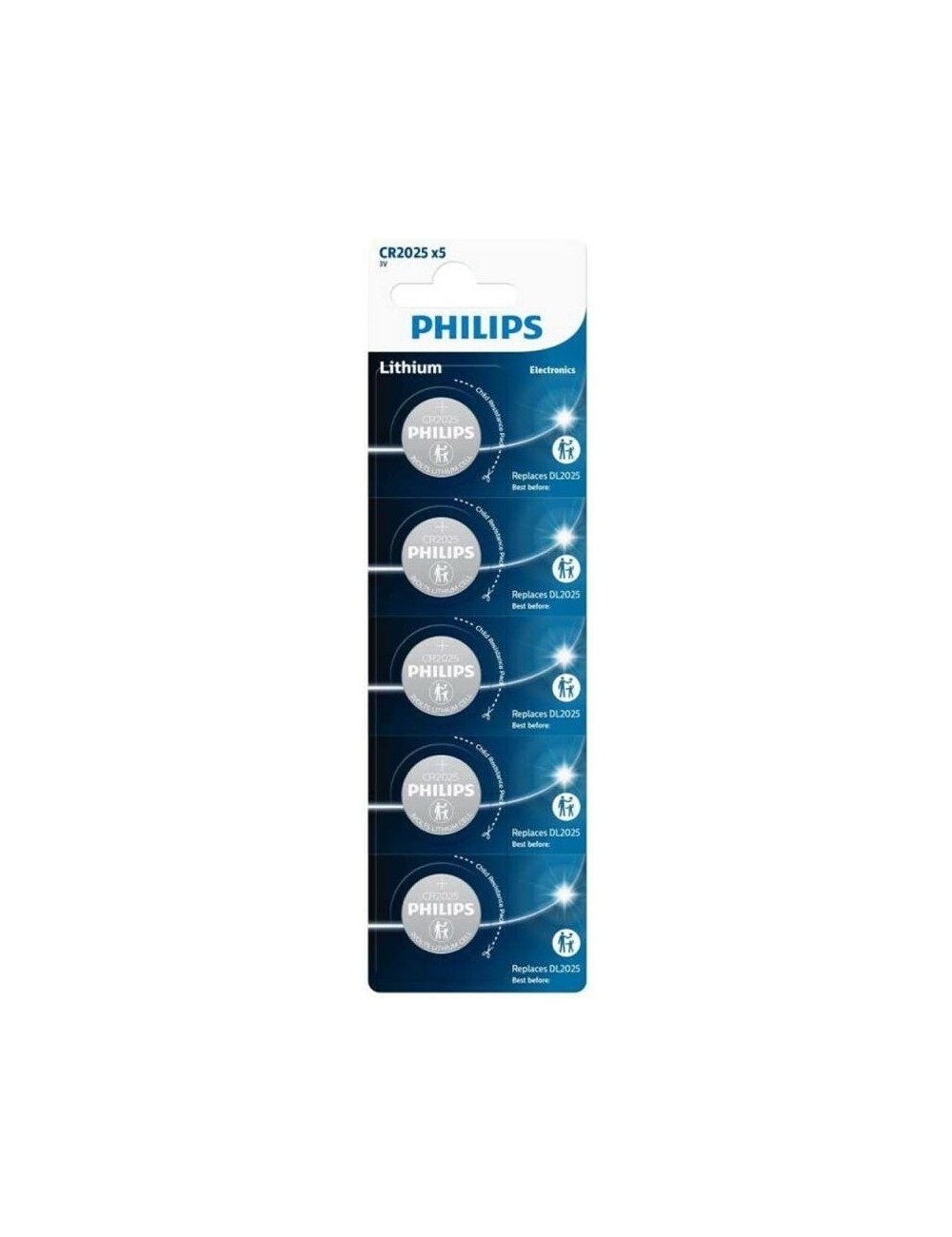 Pack de 5 Pilas de Botón Philips CR2025P5/01B Lithium/ 3V