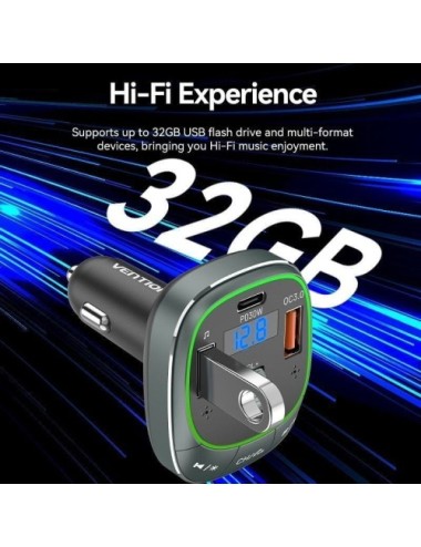 Transmisor FM/ MP3/ Bluetooth Vention FFLB0/ 1xUSB-Tipo C/ 2xUSB/ 30W