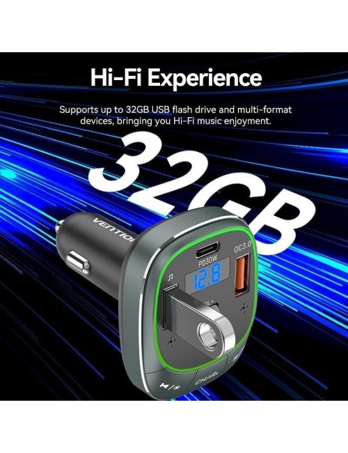 Transmisor FM/ MP3/ Bluetooth Vention FFLB0/ 1xUSB-Tipo C/ 2xUSB/ 30W