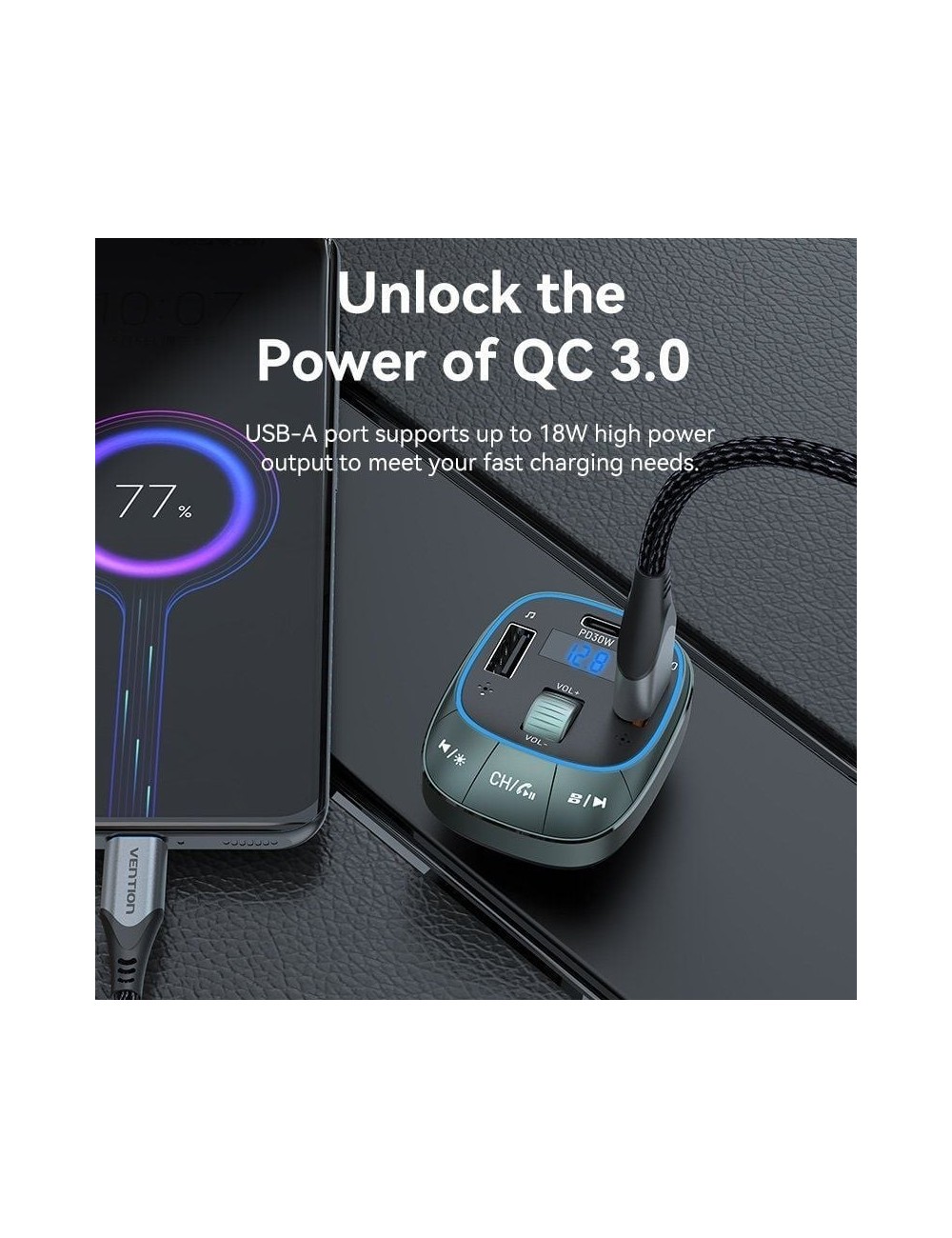 Transmisor FM/ MP3/ Bluetooth Vention FFLB0/ 1xUSB-Tipo C/ 2xUSB/ 30W
