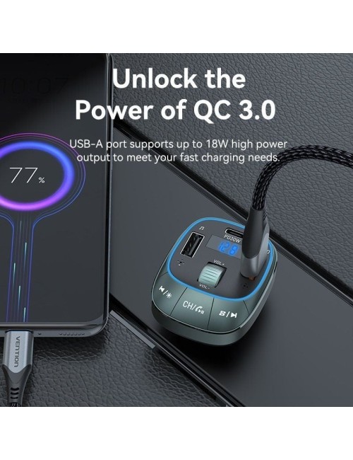 Transmisor FM/ MP3/ Bluetooth Vention FFLB0/ 1xUSB-Tipo C/ 2xUSB/ 30W