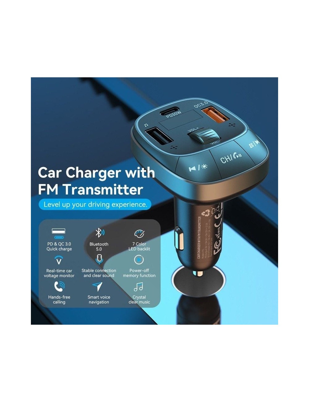 Transmisor FM/ MP3/ Bluetooth Vention FFLB0/ 1xUSB-Tipo C/ 2xUSB/ 30W