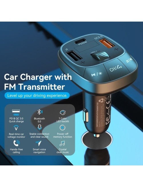 Transmisor FM/ MP3/ Bluetooth Vention FFLB0/ 1xUSB-Tipo C/ 2xUSB/ 30W