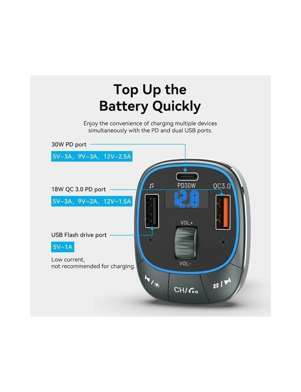 Transmisor FM/ MP3/ Bluetooth Vention FFLB0/ 1xUSB-Tipo C/ 2xUSB/ 30W