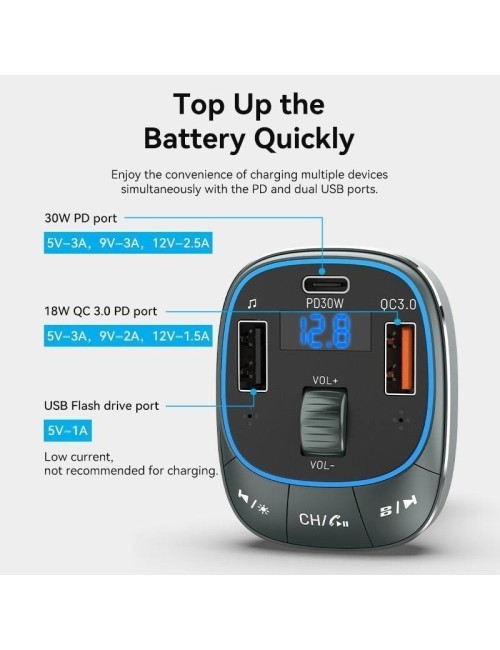 Transmisor FM/ MP3/ Bluetooth Vention FFLB0/ 1xUSB-Tipo C/ 2xUSB/ 30W
