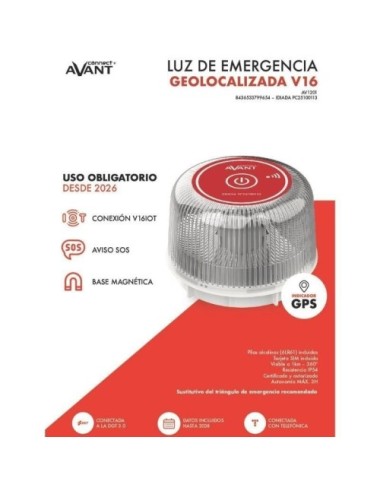 Luz baliza de emergencia para coche Avant V16 Connected AV1201/ Homologada/ Base Imantada/ Geolocalizable/ Funciona a Pilas