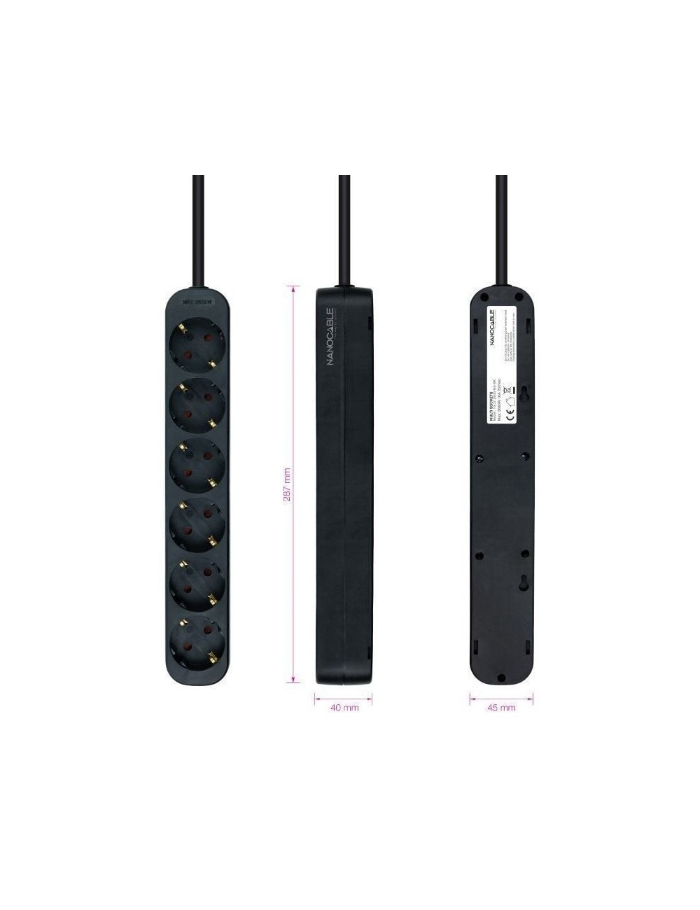 Regleta Nanocable 10.37.0006-NS-BK/ 6 Tomas de Corriente/ Cable 1.4m/ Negra