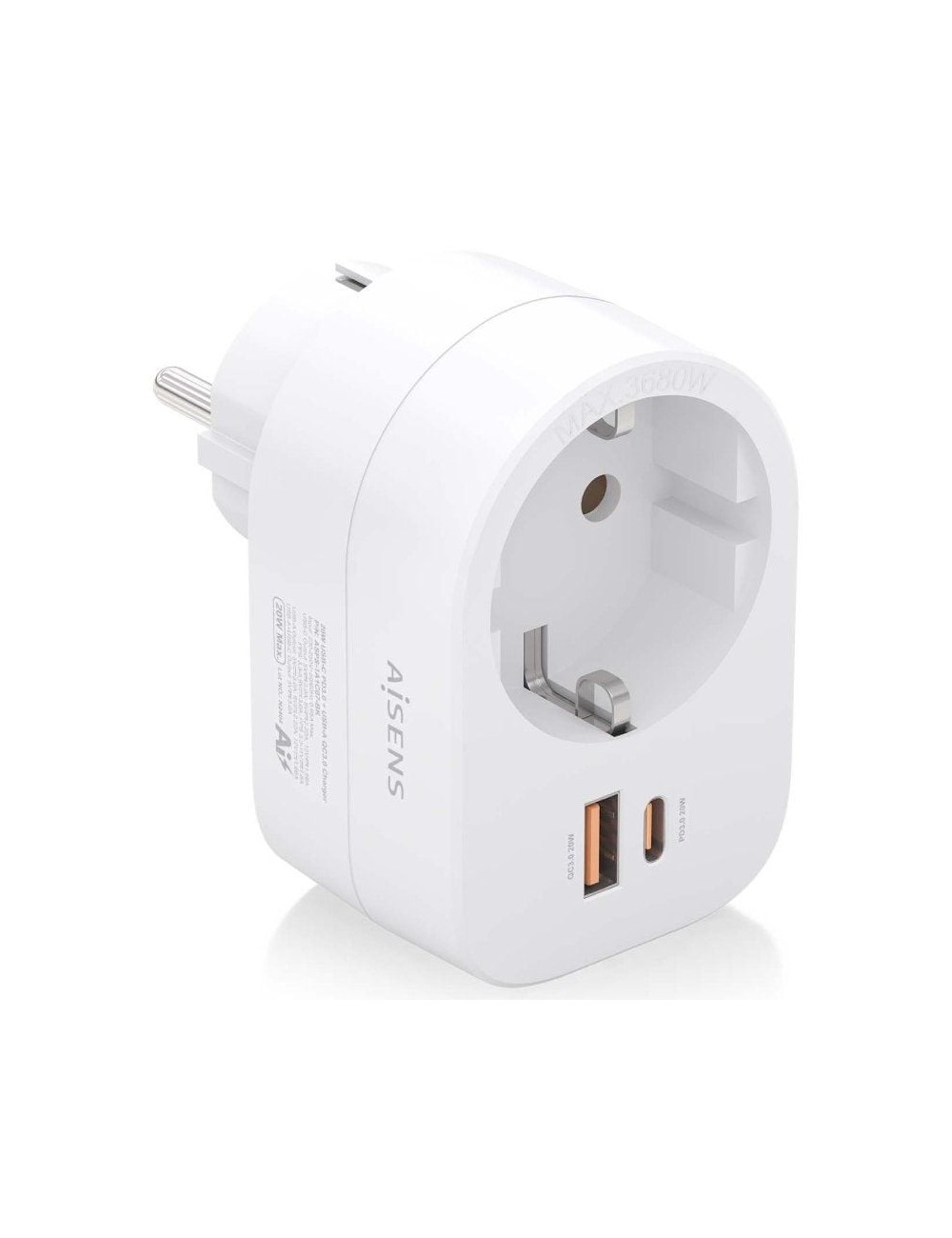 Enchufe Aisens ASPS-1A1C06-W/ 1 Toma de Corriente/ 1 USB Tipo-C PD/ 1 USB/ Blanco