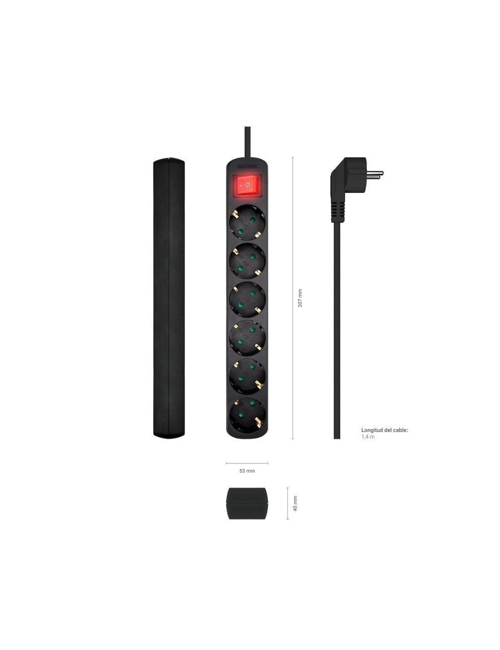 Regleta con Interruptor Aisens A154-0536/ 6 Tomas de Corriente/ Cable 1.4m/ Negro