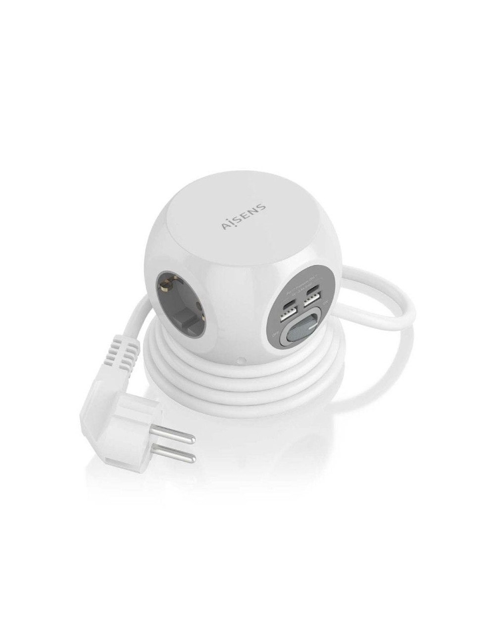 Regleta con Interruptor Aisens ASPS-2A2C04-W/ 3 Tomas de Corriente/ 2 USB Tipo-C/ 2 USB/ Cable 1.4m/ Blanco