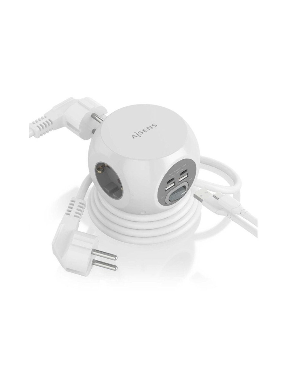 Regleta con Interruptor Aisens ASPS-2A2C04-W/ 3 Tomas de Corriente/ 2 USB Tipo-C/ 2 USB/ Cable 1.4m/ Blanco