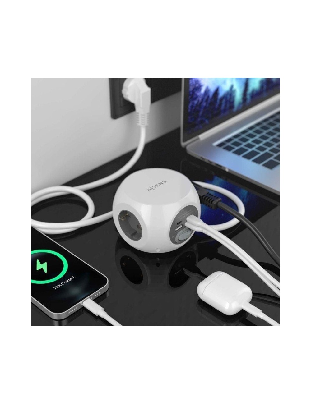 Regleta con Interruptor Aisens ASPS-2A2C04-W/ 3 Tomas de Corriente/ 2 USB Tipo-C/ 2 USB/ Cable 1.4m/ Blanco