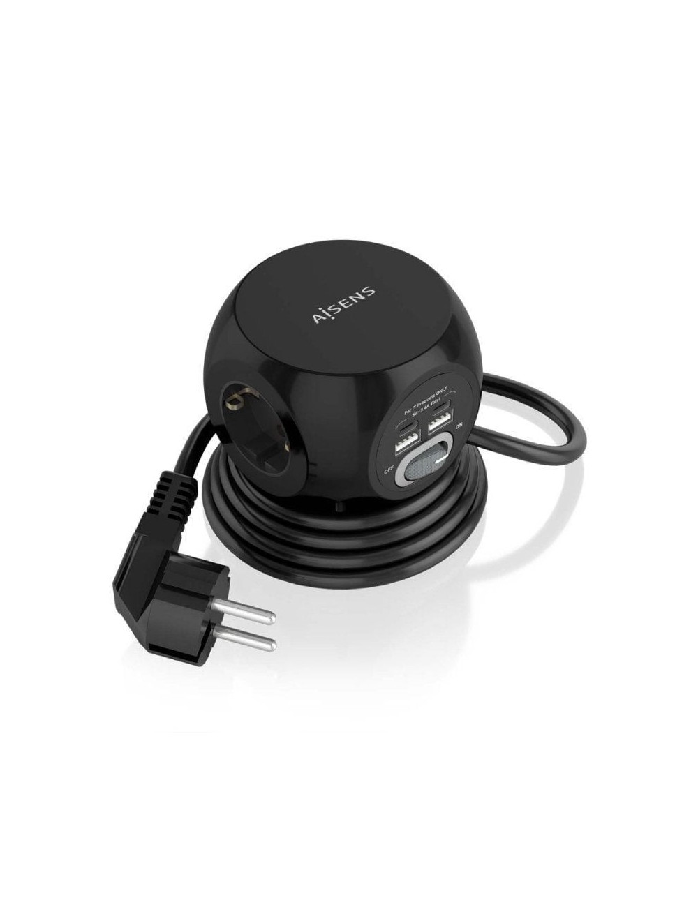 Regleta con Interruptor Aisens ASPS-2A2C05-BK/ 3 Tomas de Corriente/ 2 USB Tipo-C/ 2 USB/ Cable 1.4m/ Negro