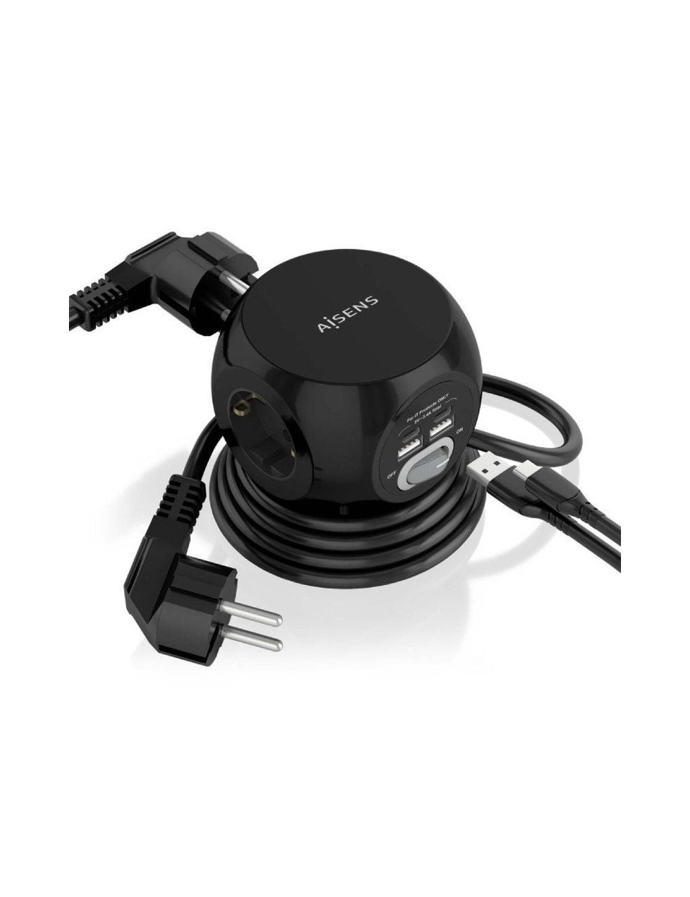 Regleta con Interruptor Aisens ASPS-2A2C05-BK/ 3 Tomas de Corriente/ 2 USB Tipo-C/ 2 USB/ Cable 1.4m/ Negro