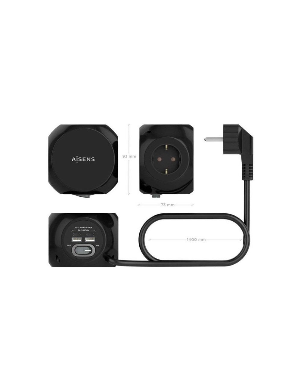 Regleta con Interruptor Aisens ASPS-2A2C05-BK/ 3 Tomas de Corriente/ 2 USB Tipo-C/ 2 USB/ Cable 1.4m/ Negro