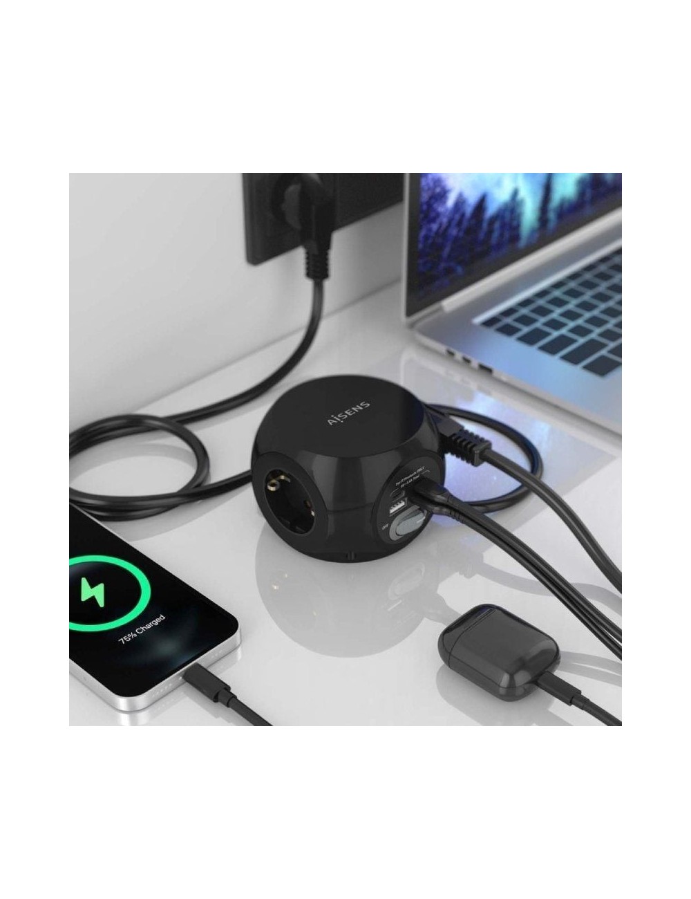 Regleta con Interruptor Aisens ASPS-2A2C05-BK/ 3 Tomas de Corriente/ 2 USB Tipo-C/ 2 USB/ Cable 1.4m/ Negro