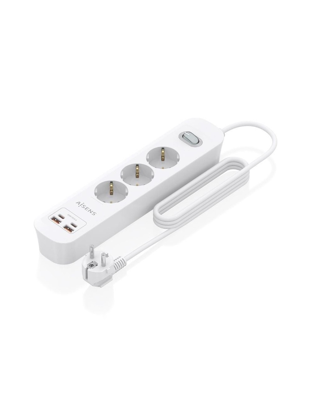 Regleta con Interruptor Aisens ASPS-2A2C10-W/ 3 Tomas de Corriente/ 2 USB - 2 USB Tipo-C/ Cable 1.4m/ Blanco