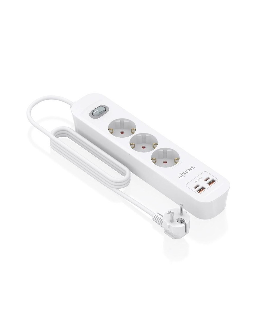 Regleta con Interruptor Aisens ASPS-2A2C10-W/ 3 Tomas de Corriente/ 2 USB - 2 USB Tipo-C/ Cable 1.4m/ Blanco