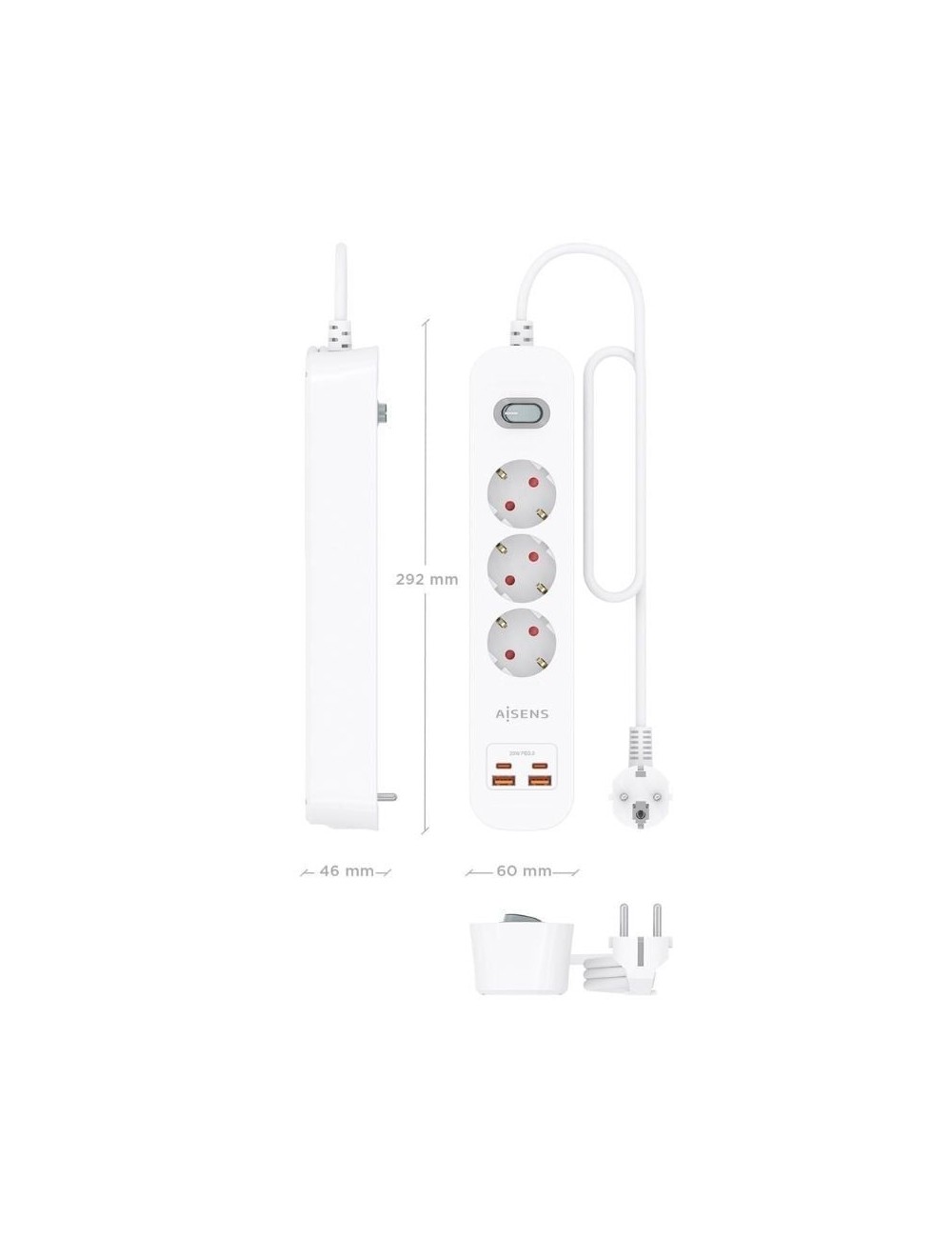 Regleta con Interruptor Aisens ASPS-2A2C10-W/ 3 Tomas de Corriente/ 2 USB - 2 USB Tipo-C/ Cable 1.4m/ Blanco
