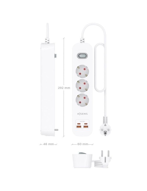 Regleta con Interruptor Aisens ASPS-2A2C10-W/ 3 Tomas de Corriente/ 2 USB - 2 USB Tipo-C/ Cable 1.4m/ Blanco