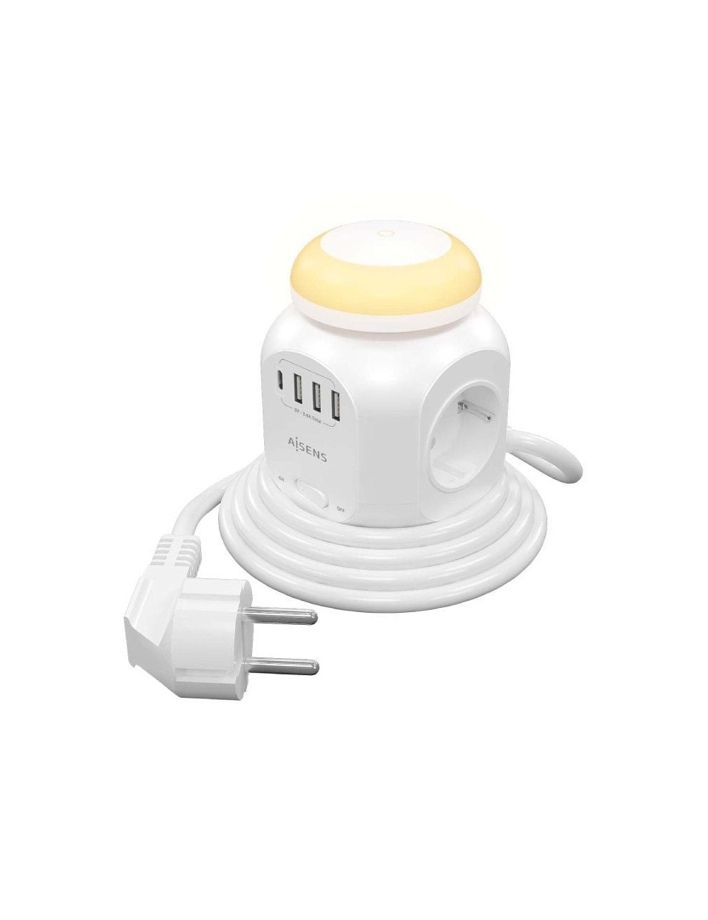 Regleta con Interruptor y Luz Nocturna Aisens ASPS-3A1CL01-W/ 4 Tomas de Corriente/ 1 USB Tipo-C/ 3 USB/ Cable 1.8m/ Blanco