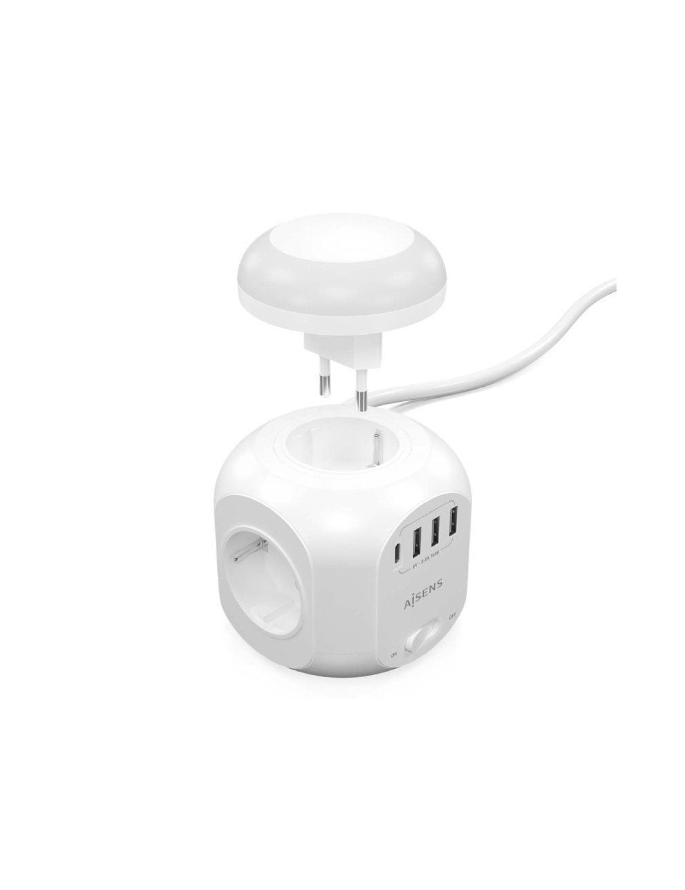 Regleta con Interruptor y Luz Nocturna Aisens ASPS-3A1CL01-W/ 4 Tomas de Corriente/ 1 USB Tipo-C/ 3 USB/ Cable 1.8m/ Blanco