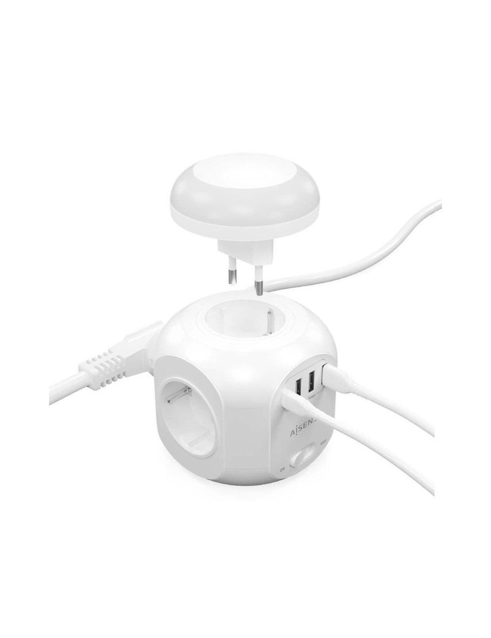 Regleta con Interruptor y Luz Nocturna Aisens ASPS-3A1CL01-W/ 4 Tomas de Corriente/ 1 USB Tipo-C/ 3 USB/ Cable 1.8m/ Blanco