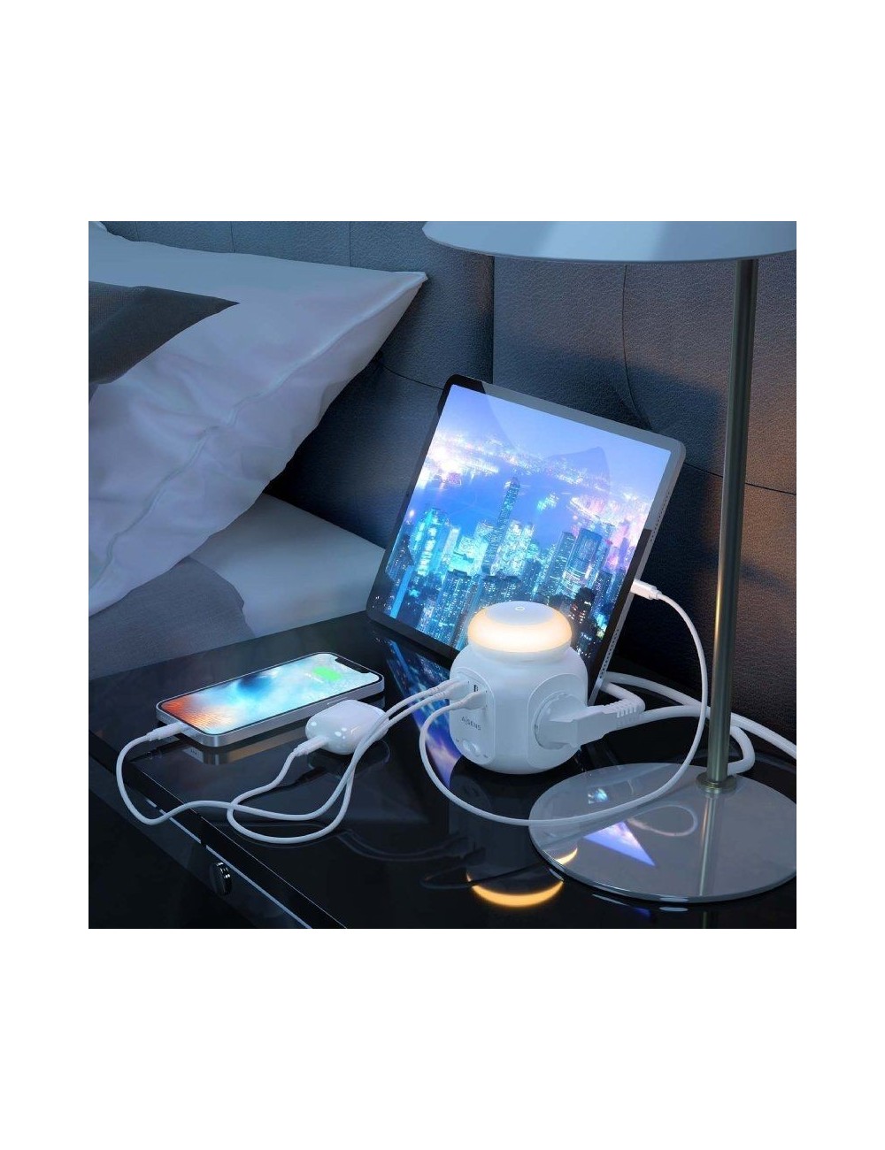 Regleta con Interruptor y Luz Nocturna Aisens ASPS-3A1CL01-W/ 4 Tomas de Corriente/ 1 USB Tipo-C/ 3 USB/ Cable 1.8m/ Blanco