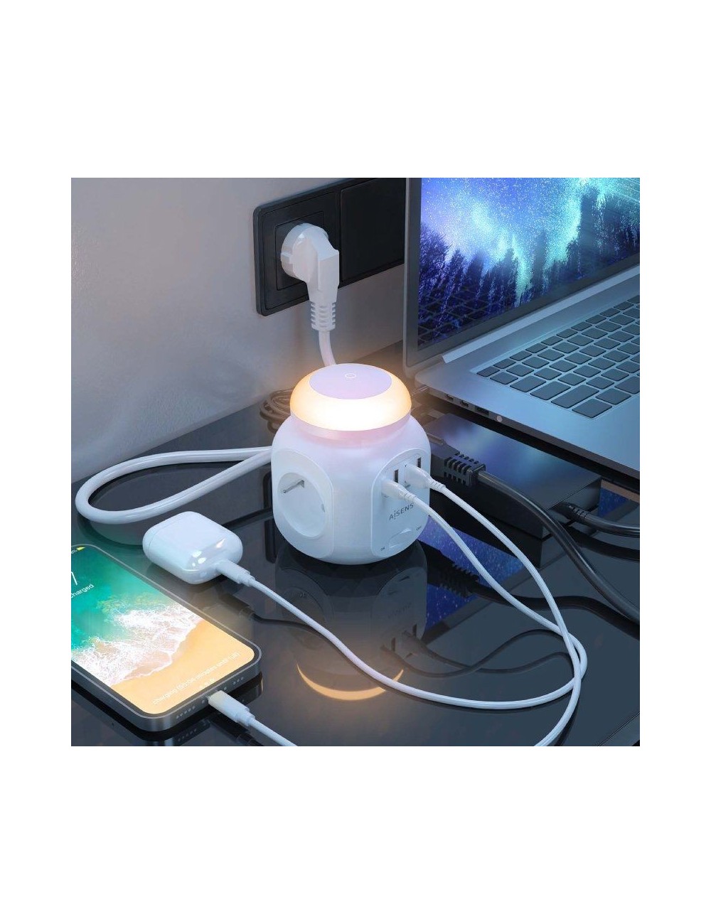 Regleta con Interruptor y Luz Nocturna Aisens ASPS-3A1CL01-W/ 4 Tomas de Corriente/ 1 USB Tipo-C/ 3 USB/ Cable 1.8m/ Blanco