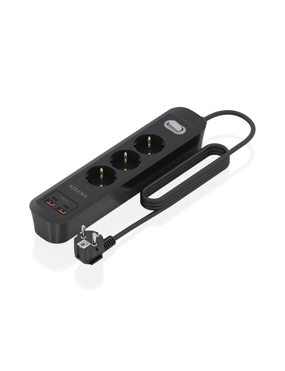 Regleta con Interruptor Aisens ASPS-2A2C11-BK/ 3 Tomas de Corriente/ 2 USB - 2 USB Tipo-C/ Cable 1.4m/ Negro