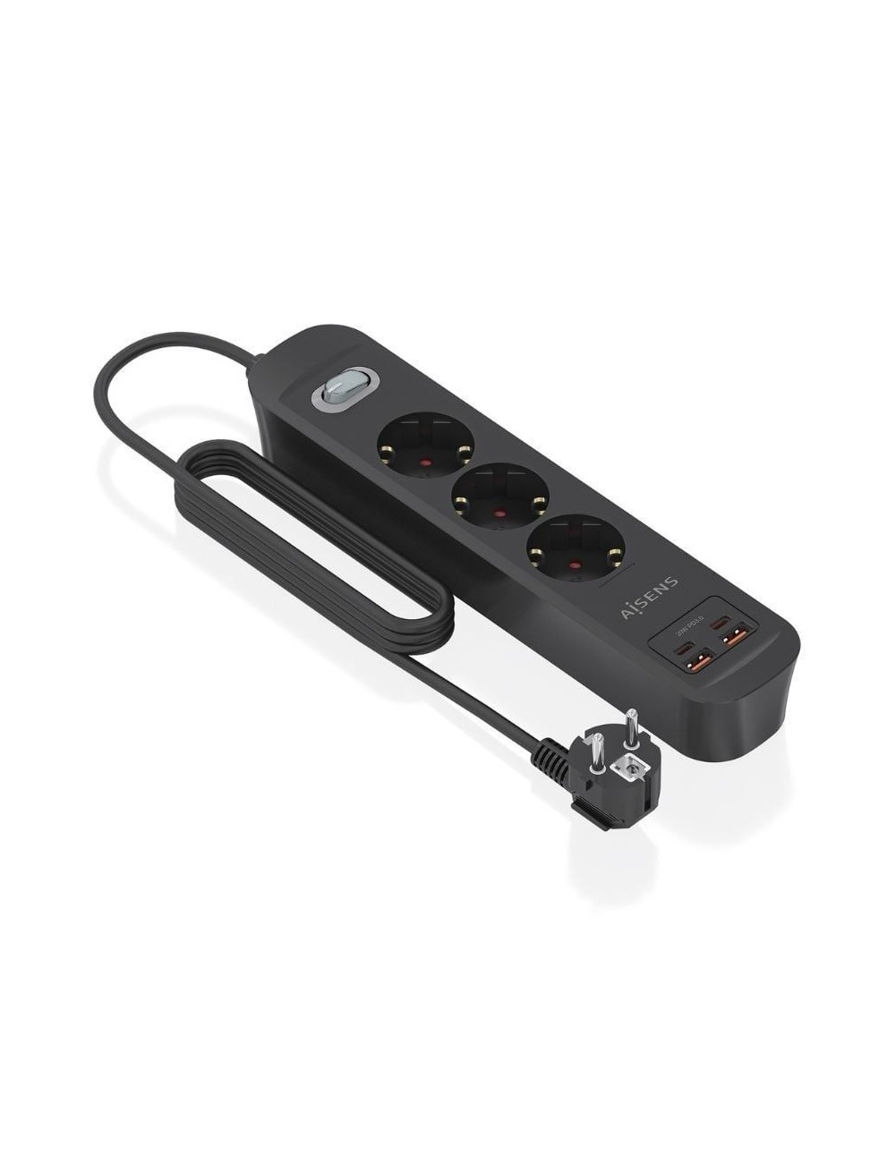 Regleta con Interruptor Aisens ASPS-2A2C11-BK/ 3 Tomas de Corriente/ 2 USB - 2 USB Tipo-C/ Cable 1.4m/ Negro