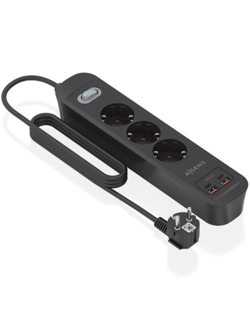 Regleta con Interruptor Aisens ASPS-2A2C11-BK/ 3 Tomas de Corriente/ 2 USB - 2 USB Tipo-C/ Cable 1.4m/ Negro