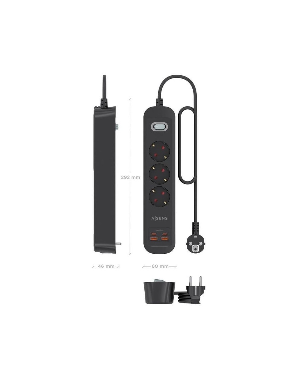 Regleta con Interruptor Aisens ASPS-2A2C11-BK/ 3 Tomas de Corriente/ 2 USB - 2 USB Tipo-C/ Cable 1.4m/ Negro