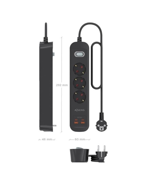 Regleta con Interruptor Aisens ASPS-2A2C11-BK/ 3 Tomas de Corriente/ 2 USB - 2 USB Tipo-C/ Cable 1.4m/ Negro