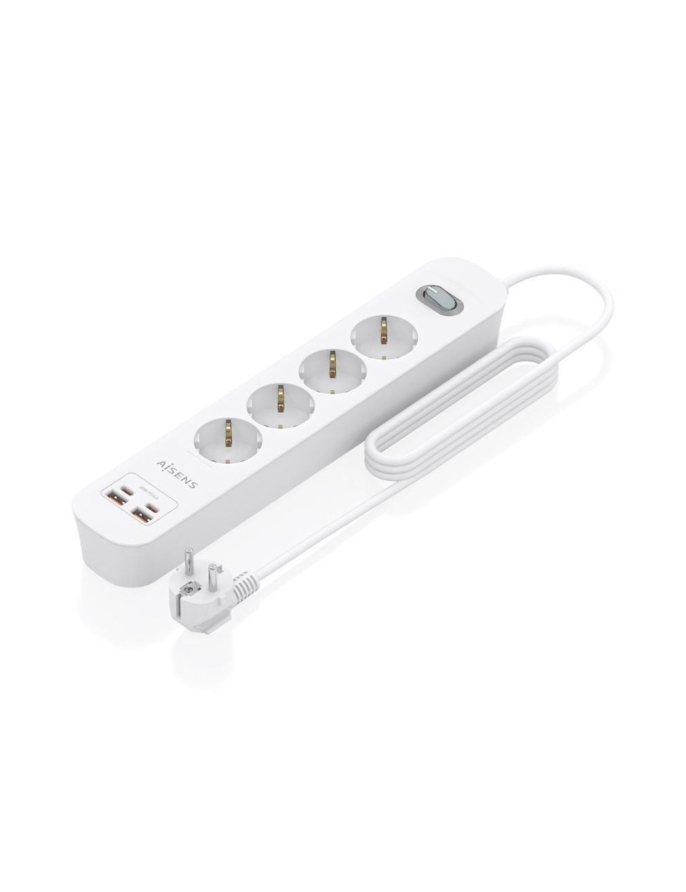 Regleta con Interruptor Aisens ASPS-2A2C12-W/ 4 Tomas de Corriente/ 2 USB - 2 USB Tipo-C/ Cable 1.4m/ Blanco
