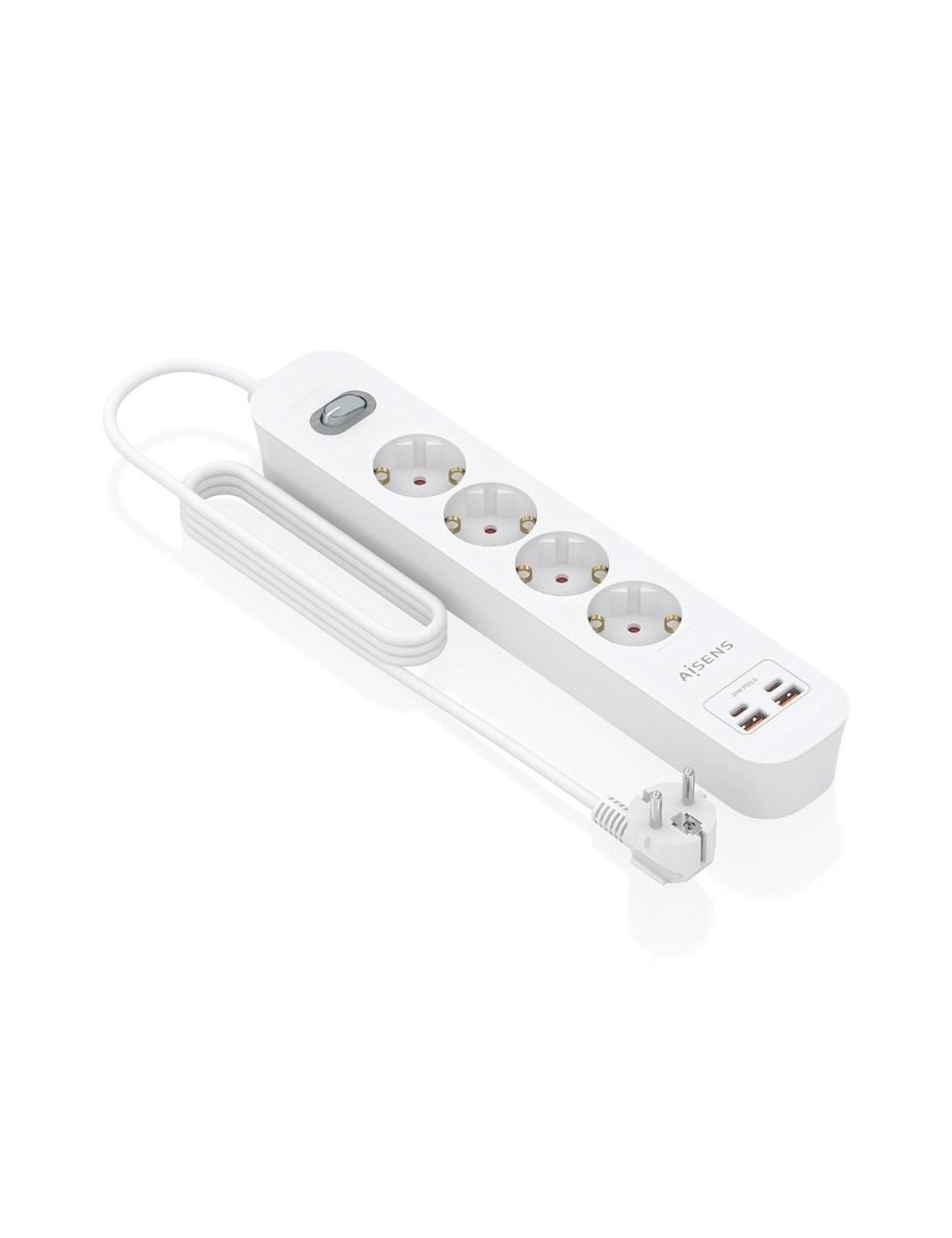 Regleta con Interruptor Aisens ASPS-2A2C12-W/ 4 Tomas de Corriente/ 2 USB - 2 USB Tipo-C/ Cable 1.4m/ Blanco