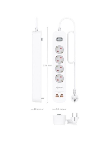 Regleta con Interruptor Aisens ASPS-2A2C12-W/ 4 Tomas de Corriente/ 2 USB - 2 USB Tipo-C/ Cable 1.4m/ Blanco