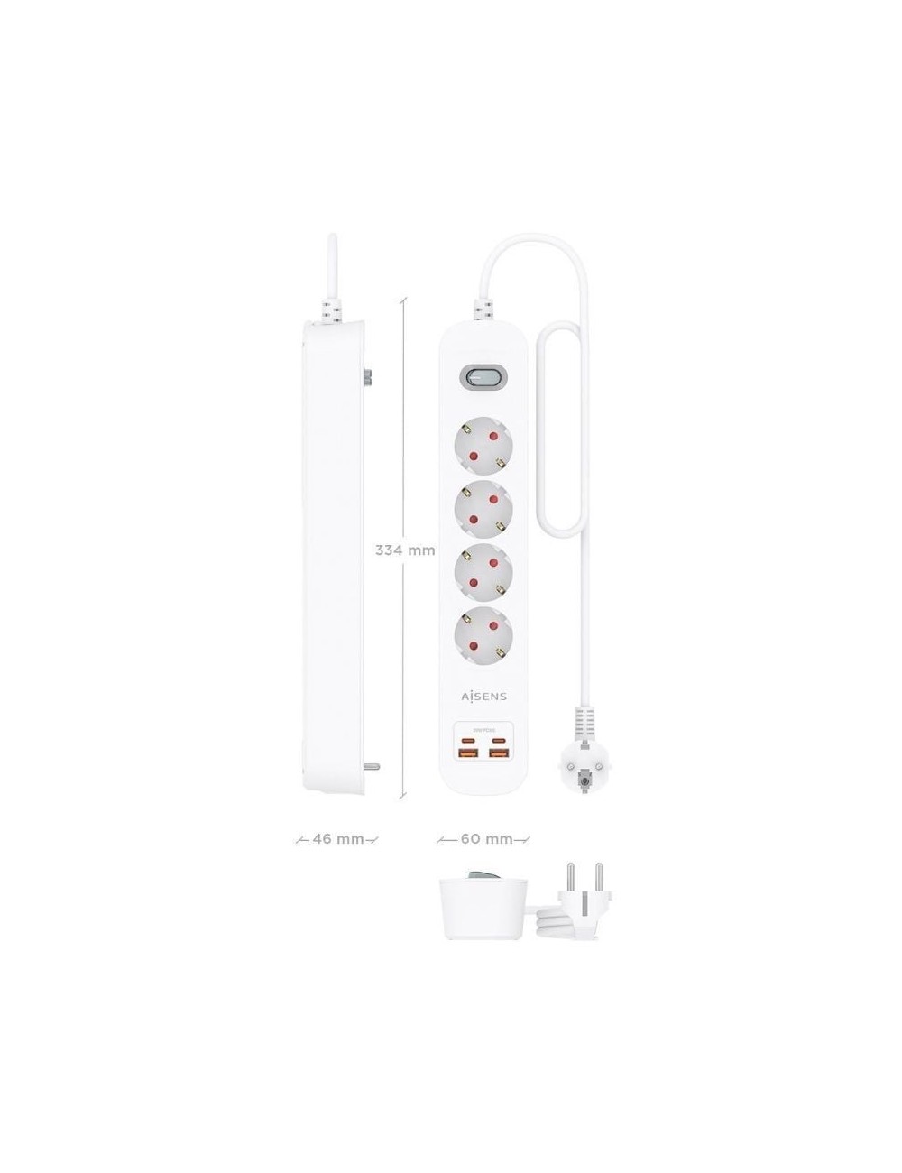 Regleta con Interruptor Aisens ASPS-2A2C12-W/ 4 Tomas de Corriente/ 2 USB - 2 USB Tipo-C/ Cable 1.4m/ Blanco