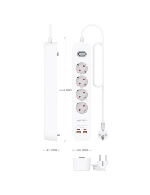 Regleta con Interruptor Aisens ASPS-2A2C12-W/ 4 Tomas de Corriente/ 2 USB - 2 USB Tipo-C/ Cable 1.4m/ Blanco