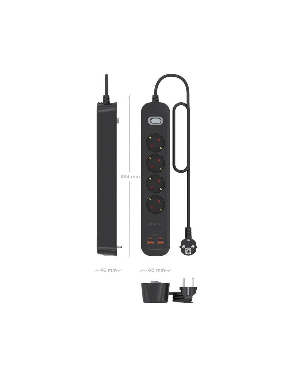 Regleta con Interruptor Aisens ASPS-2A2C13-BK/ 4 Tomas de Corriente/ 2 USB - 2 USB Tipo-C/ Cable 1.4m/ Negro