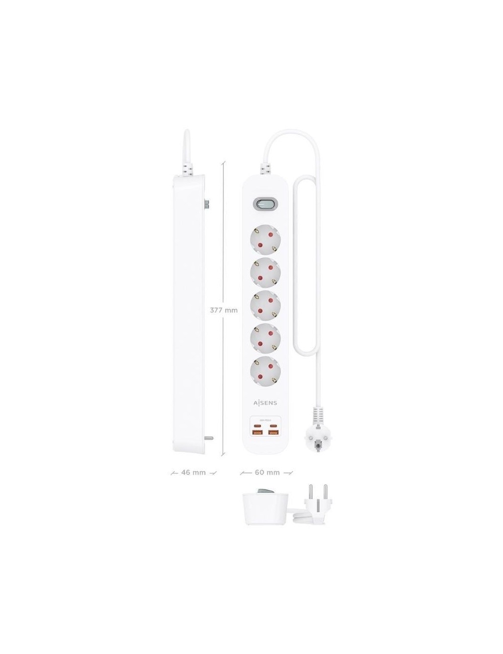 Regleta con Interruptor Aisens ASPS-2A2C14-W/ 5 Tomas de Corriente/ 2 USB - 2 USB Tipo-C/ Cable 1.4m/ Blanco