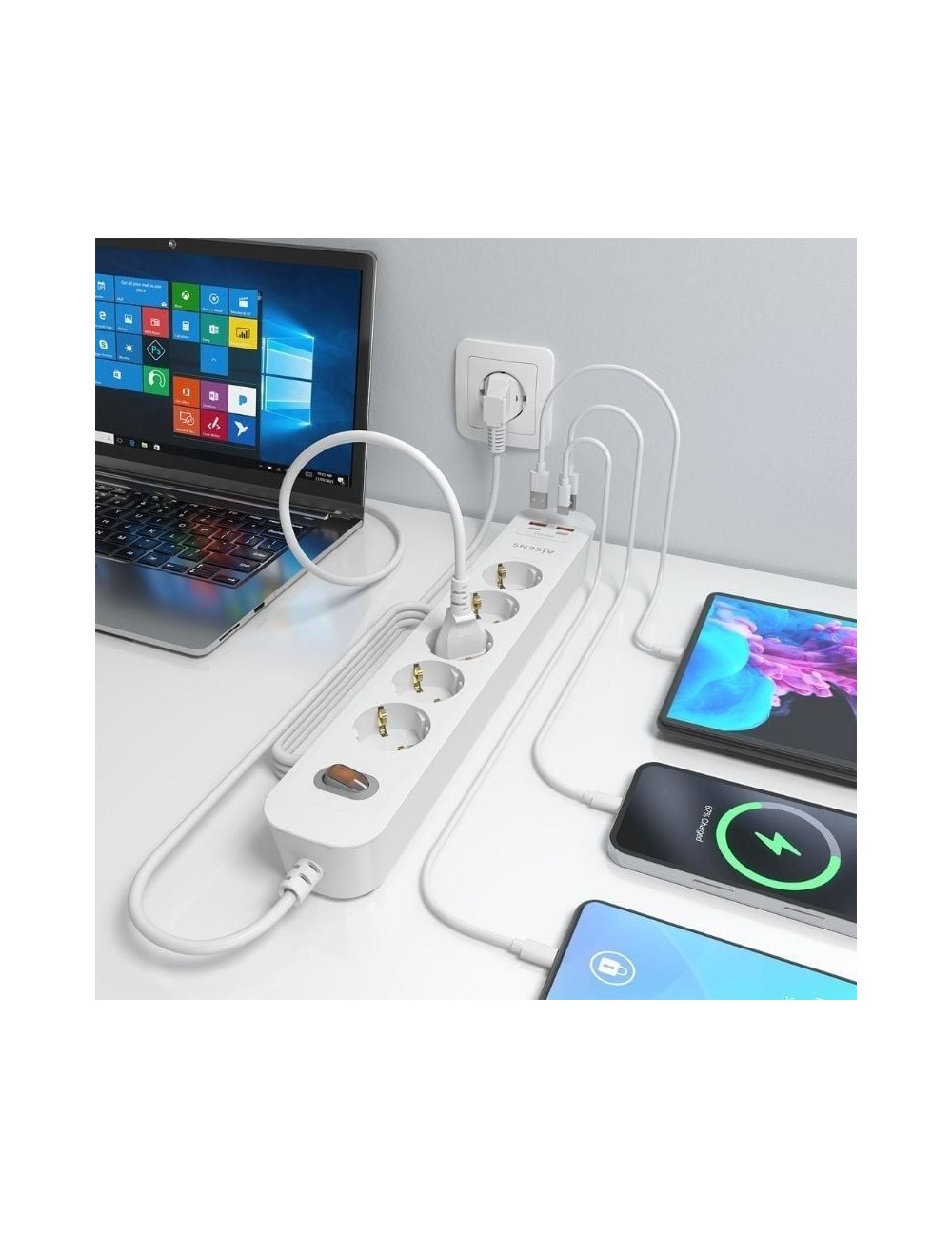 Regleta con Interruptor Aisens ASPS-2A2C14-W/ 5 Tomas de Corriente/ 2 USB - 2 USB Tipo-C/ Cable 1.4m/ Blanco