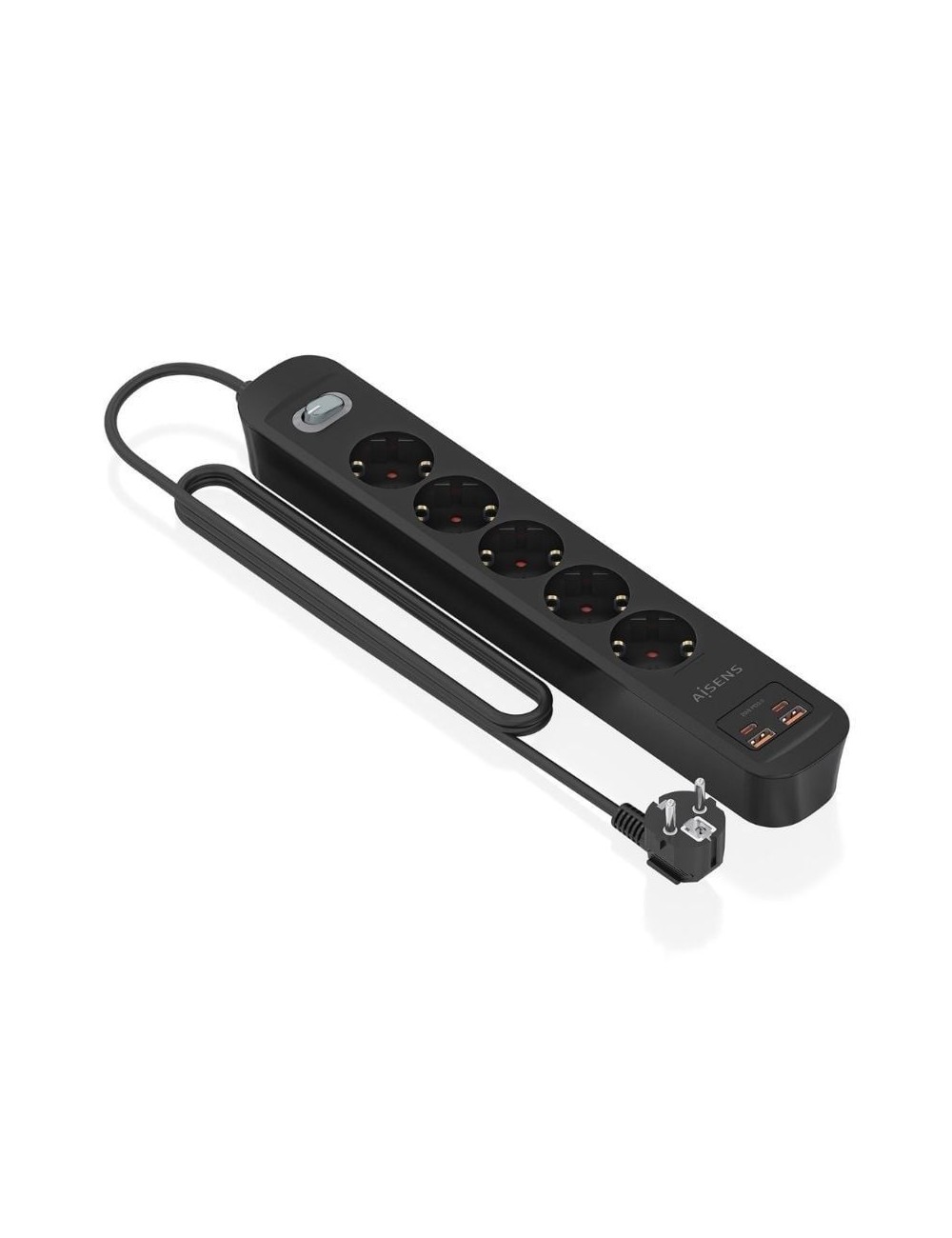 Regleta con Interruptor Aisens ASPS-2A2C15-BK/ 5 Tomas de Corriente/ 2 USB - 2 USB Tipo-C/ Cable 1.4m/ Negro