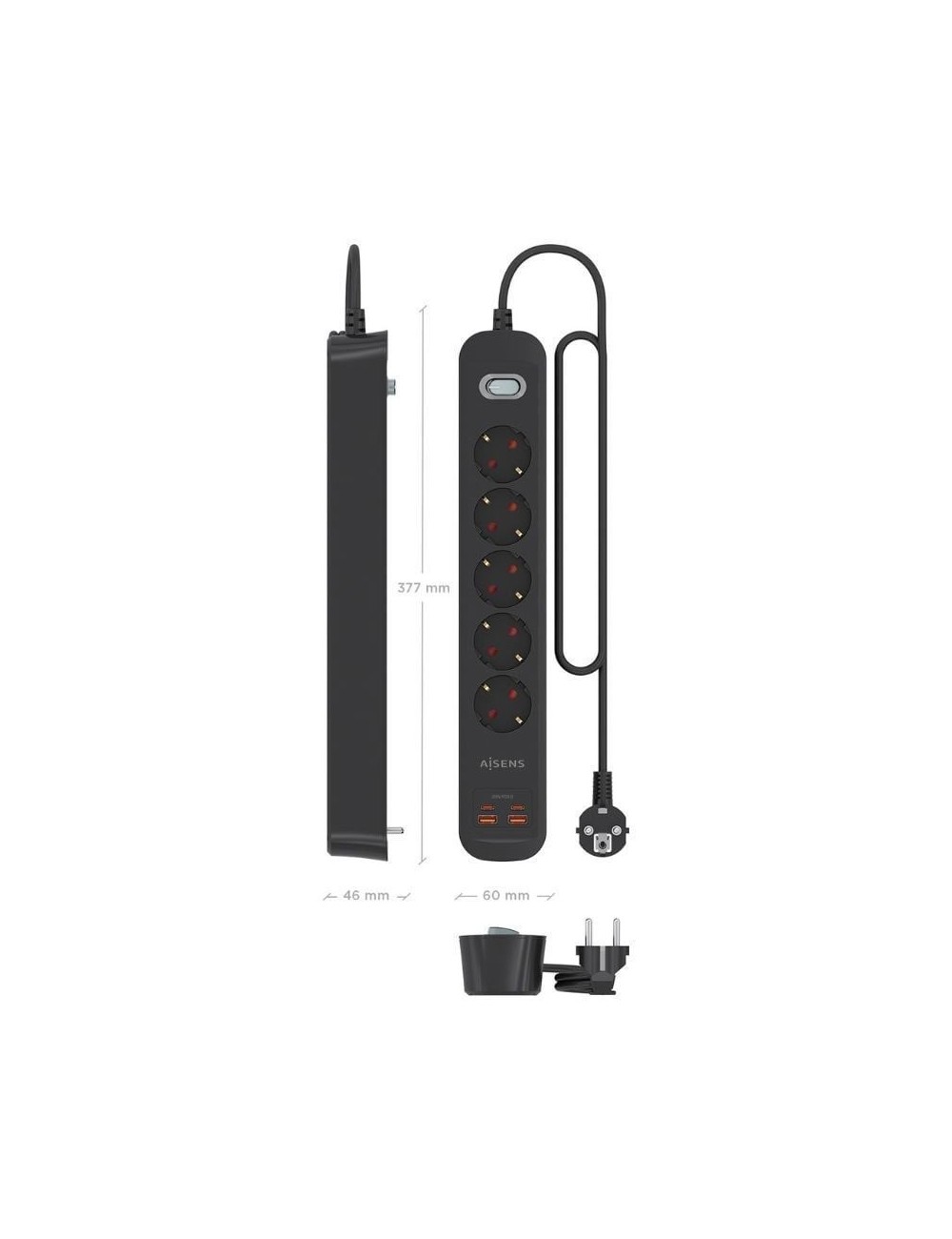 Regleta con Interruptor Aisens ASPS-2A2C15-BK/ 5 Tomas de Corriente/ 2 USB - 2 USB Tipo-C/ Cable 1.4m/ Negro