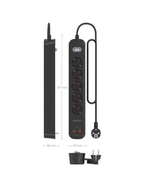 Regleta con Interruptor Aisens ASPS-2A2C15-BK/ 5 Tomas de Corriente/ 2 USB - 2 USB Tipo-C/ Cable 1.4m/ Negro