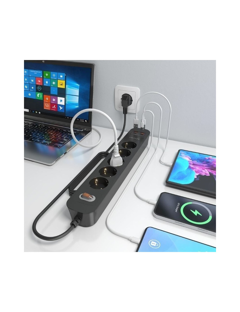 Regleta con Interruptor Aisens ASPS-2A2C15-BK/ 5 Tomas de Corriente/ 2 USB - 2 USB Tipo-C/ Cable 1.4m/ Negro