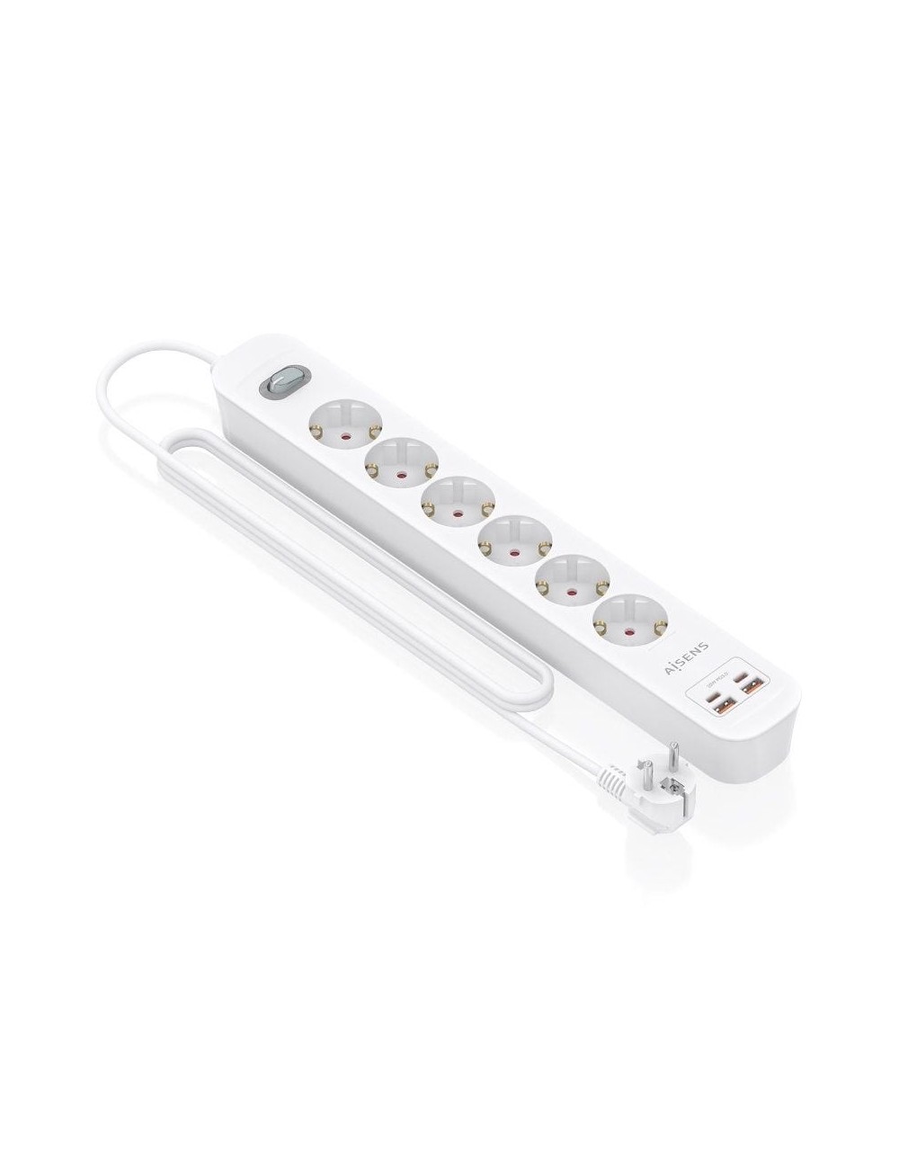 Regleta con Interruptor Aisens ASPS-2A2C16-W/ 6 Tomas de Corriente/ 2 USB - 2 USB Tipo-C/ Cable 1.4m/ Blanco