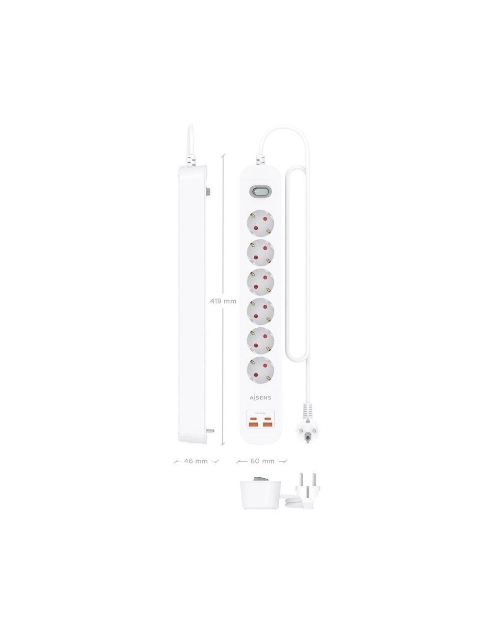 Regleta con Interruptor Aisens ASPS-2A2C16-W/ 6 Tomas de Corriente/ 2 USB - 2 USB Tipo-C/ Cable 1.4m/ Blanco